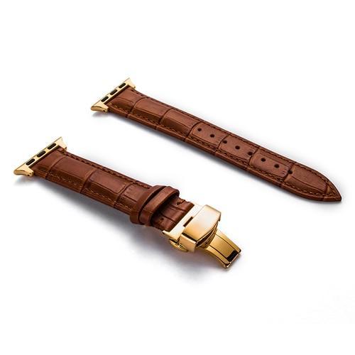 Apple Gold buckle with light brown leather brown string / 38MM Apple Watch Series 5 4 3 2 Band, Crocodile Grain cow Leather Butterfly Buckle Bands iWatch 38mm, 40mm, 42mm, 44mm -  US Fast Shipping