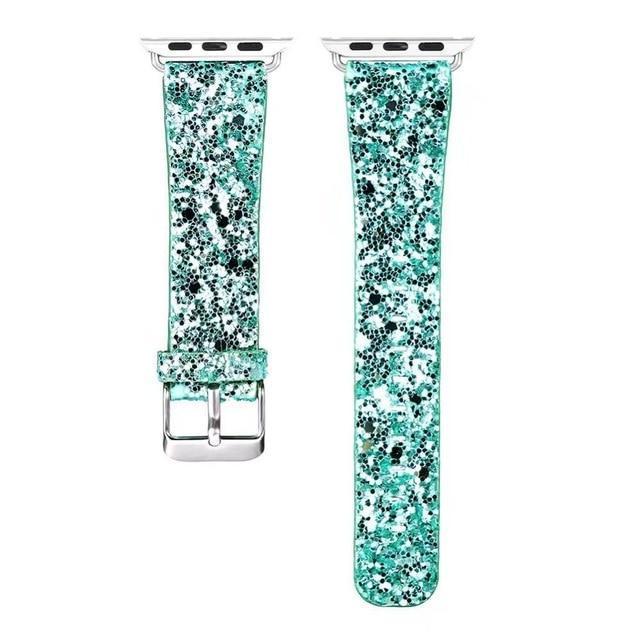 Apple Green / 38mm / 40mm Apple Watch Band Series 6 5 4 3 2 1 Luxury Sparkle Glitter Bling Leather Strap with Silver Adapter iWatch 38/40mm 42/44mm Bracelet Watchband