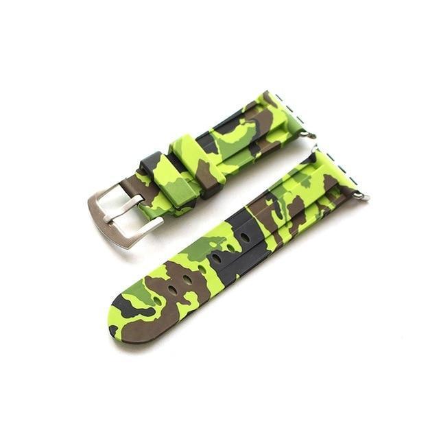 Apple Green silver buckl / 38mm Camouflage Rubber Men For Iwatch Strap, High-Strength Waterproof Sweat-Proof Men's Rubber Strap,  For Apple Watch 42 44MM