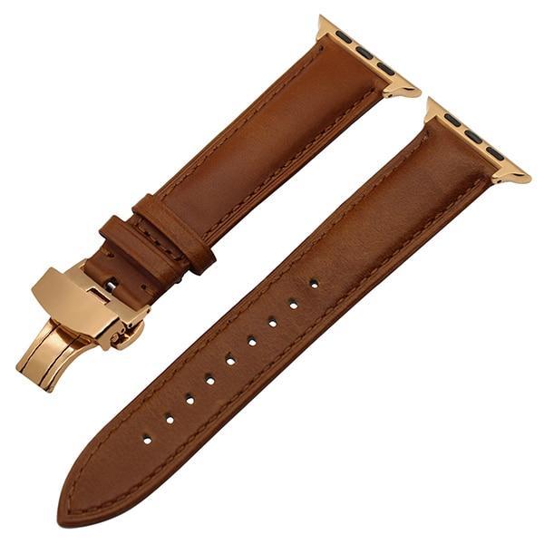 Apple Light Brown RG / 38mm Apple Watch Series 5 4 3 2 Band, Italy Calf Genuine Leather Watchband Butterfly Buckle Band Wrist Strap 38mm, 40mm, 42mm, 44mm