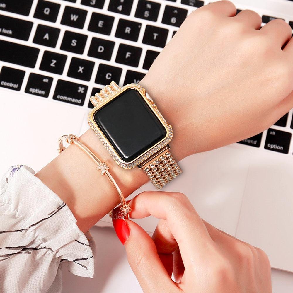 Apple Luxury Diamond Case matching strap Stainless Steel strap For Apple Watch Series 4 3 2 1 bands cover iWatch 38mm 42mm 40mm 44mm bracelet women