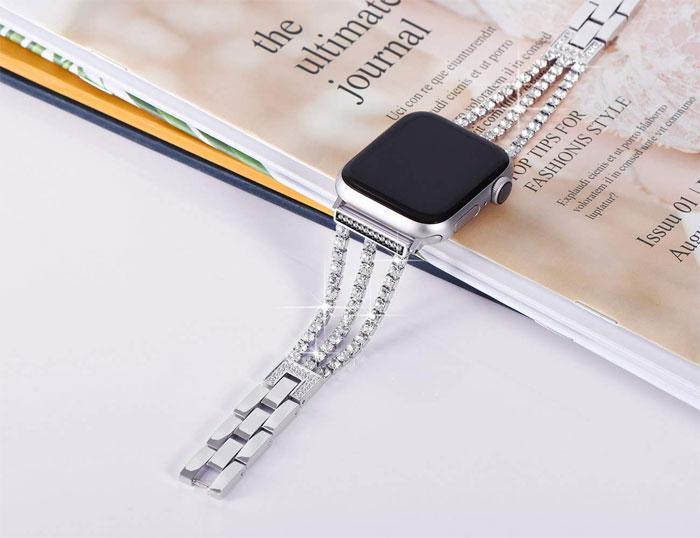 www. New Women Diamond Bling Watch Strap for Apple Watch Series 8 7 6 Band Rose / 44mm/45mm/49mm