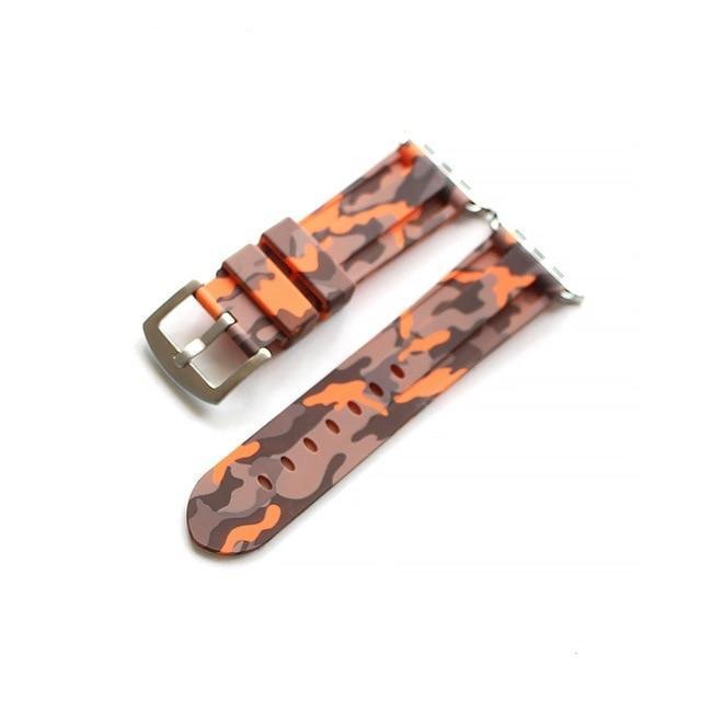Apple Orange silver buckl / 38mm Camouflage Rubber Men For Iwatch Strap, High-Strength Waterproof Sweat-Proof Men's Rubber Strap,  For Apple Watch 42 44MM
