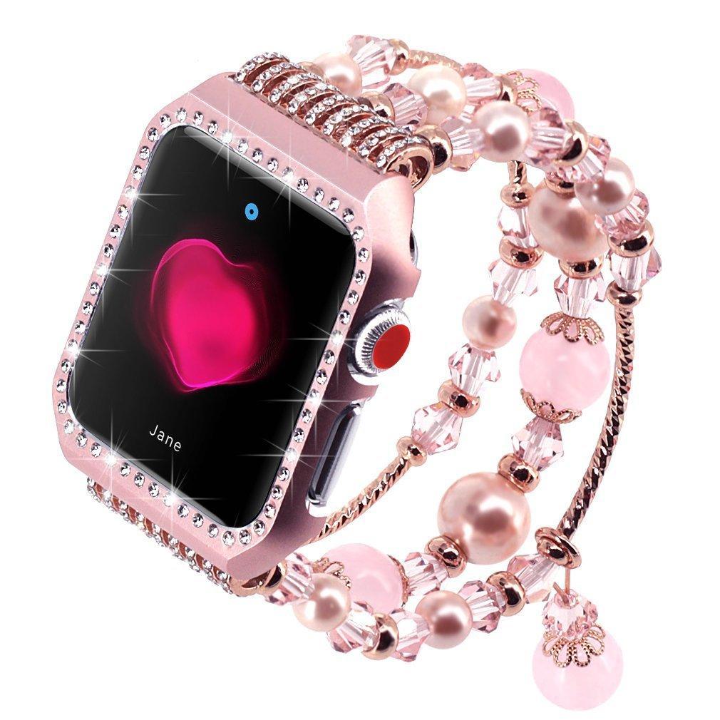 Apple Pink / 38mm / 40mm Apple Watch Series 5 4 3 2 Band, Agate Wrist Belt Metal Case Luxury Accessories for Women 38mm, 40mm, 42mm, 44mm