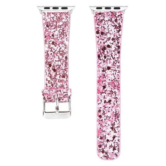 Apple Pink / 38mm / 40mm Apple Watch Band 6 5 4 Glitter Bling Leather Silver Adapter Watchbands