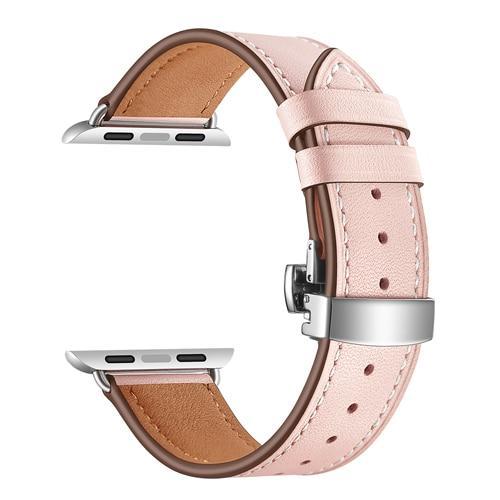 Apple pink / 38mm Apple Watch Series 5 4 3 2 Band, Leather Strap Butterfly Clasp watchband Bracelet and Pin Buckle 38mm, 40mm, 42mm, 44mm US Fast Shipping