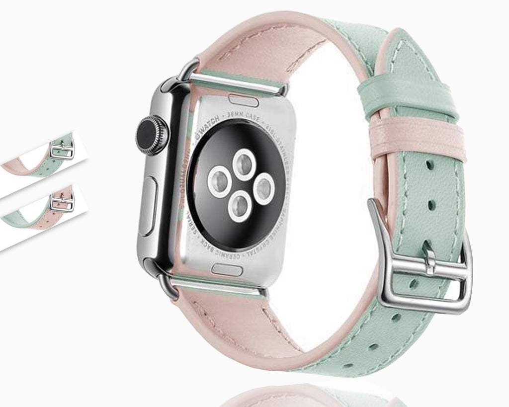Apple Pink Apple watch band green dual color Leather bracelet strap, silver buckle watchband, iwatch 5 4 3 2, 38/40mm 42/44mm - US fast shipping