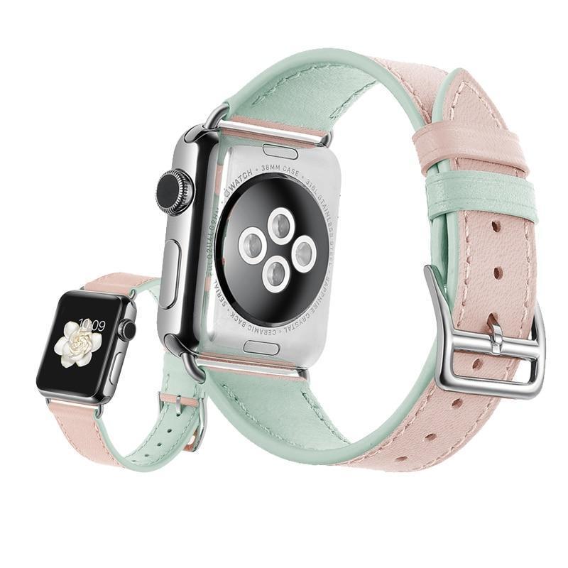 Pink Apple Watchband green dual-color Leather Strap 8 7 silver buckle