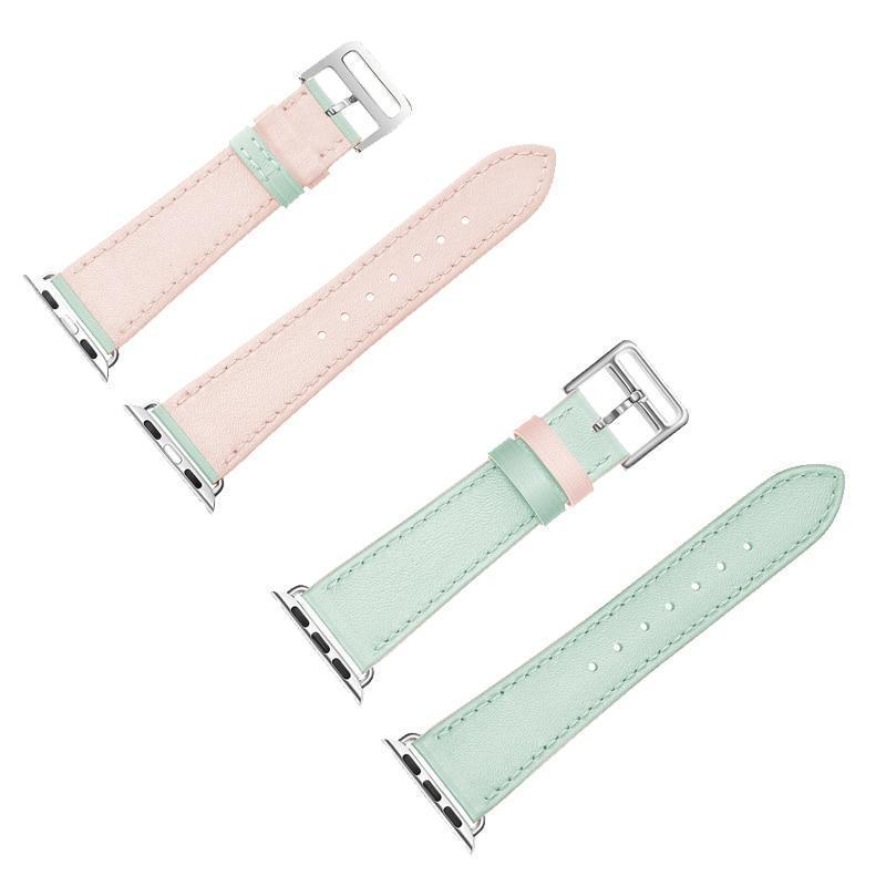 Pink Apple Watchband green dual-color Leather Strap 8 7 silver buckle