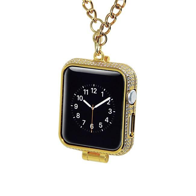 Apple Premium pendant charm bezel case protector, bling rhinestone diamonds crystal encrusted 24kt gold plated jewelry watch necklace cover for Apple watch  38mm, 42mm, series  3 2 1