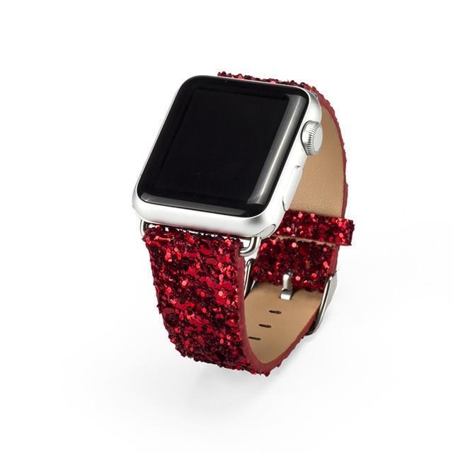 Apple Red / 38mm / 40mm Apple Watch Band Series 6 5 4 3 2 1 Luxury Sparkle Glitter Bling Leather Strap with Silver Adapter iWatch 38/40mm 42/44mm Bracelet Watchband