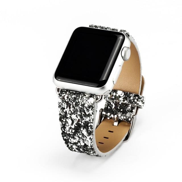 Apple Silver / 38mm / 40mm Apple Watch Band 6 5 4 Glitter Bling Leather Silver Adapter Watchbands