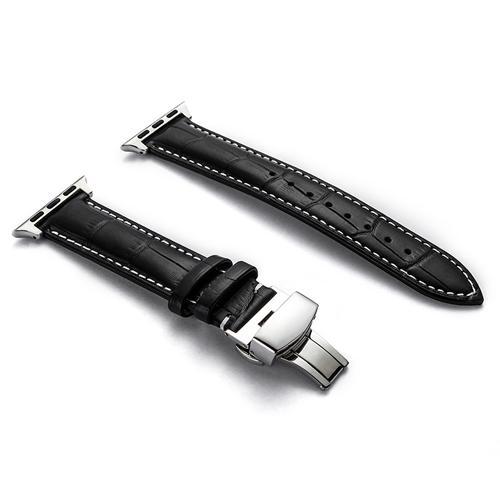 Apple Silver buckle with black leather white string / 38MM Apple Watch Series 5 4 3 2 Band, Crocodile Grain cow Leather Butterfly Buckle Bands iWatch 38mm, 40mm, 42mm, 44mm -  US Fast Shipping