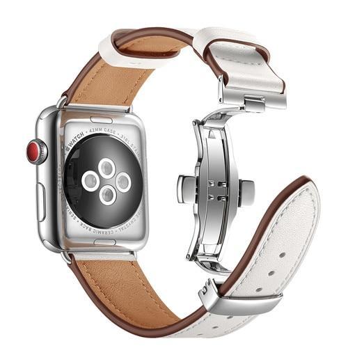 Apple Silver button / 38mm / 40mm Apple Watch Series 5 4 3 2 Band, Leather Strap Stainless Steel Butterfly Loop watchband bracelet 38mm, 40mm, 42mm, 44mm US Fast Shipping