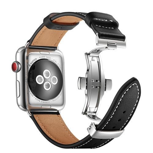 Apple Silver button3 / 38mm / 40mm Apple Watch Series 5 4 3 2 Band, Leather Strap Stainless Steel Butterfly Loop watchband bracelet 38mm, 40mm, 42mm, 44mm US Fast Shipping