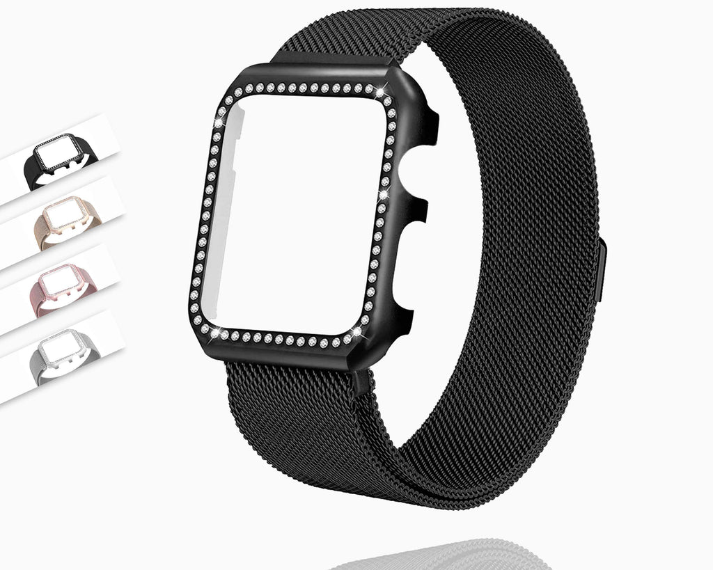 Strap & Diamond Case Apple Watch bundle 38mm 40mm 44mm 42mm Stainless Steel band Milanese Loop Bracelet for iWatch 6 5 4 3 2 1