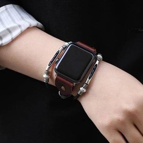 Apple Vintage ethnic Leather Apple Watch Band  Replacement silver Bead Braided Bracelet Strap.  for Series 5 4 3 iWatch Strap 38mm 40mm 42mm 44mm