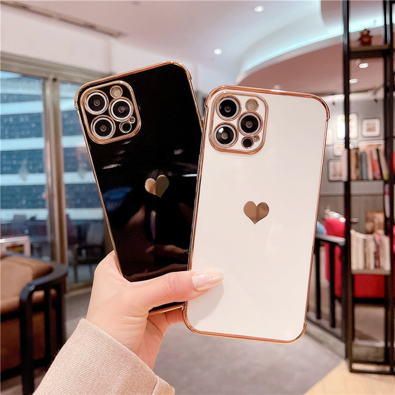 Electroplated Love Heart Soft Phone Case For iPhone 13 12 11 Pro Max XS X XR 7 8 Plus 13 12 Mini SE 2020 Shockproof Bumper Cover|Phone Case & Covers|