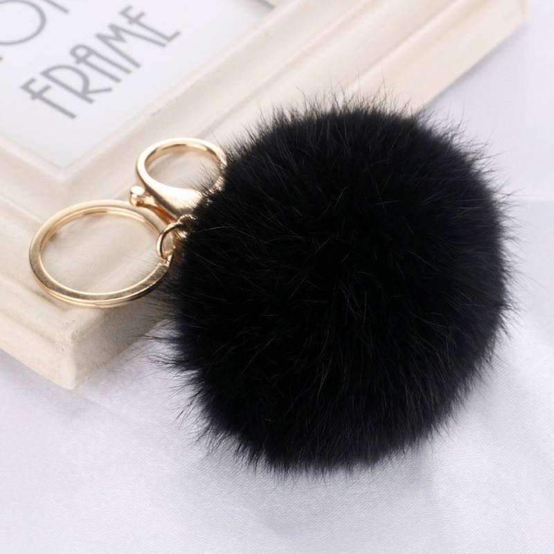 TEH Fluffy Black Pom pom Faux Fur Ball Keychains Crystal Letters