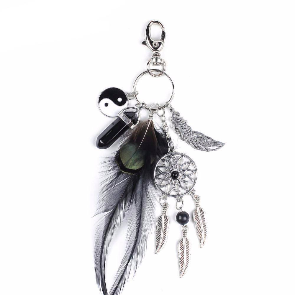 bag accessories Black Natural opal stone dreamcatcher boho keyring, bag charm Silver