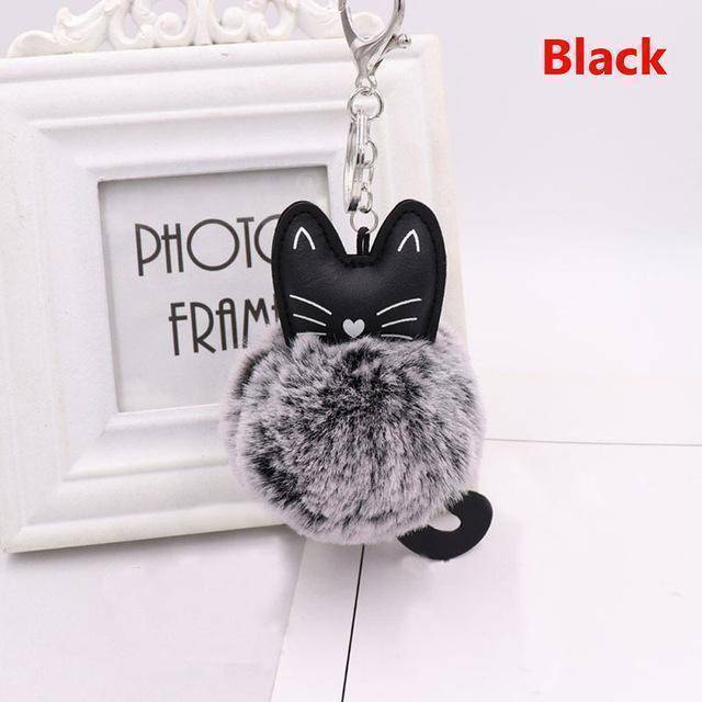 bag accessories black Pom pom Cat Fluffy Faux Fur Keychain