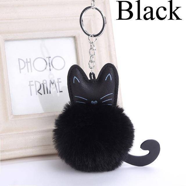 bag accessories Black Pom pom Cat Fluffy Faux Fur Keychain