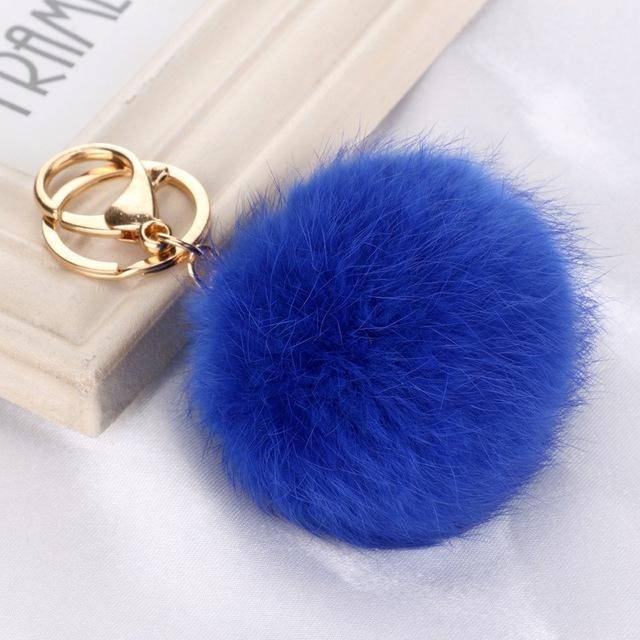 Large Light Blue Fur Pom Pom Keychain with Blue Leather Cord