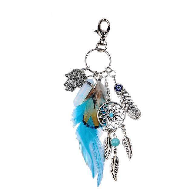 bag accessories Blue Natural opal stone dreamcatcher boho keyring, bag charm Silver