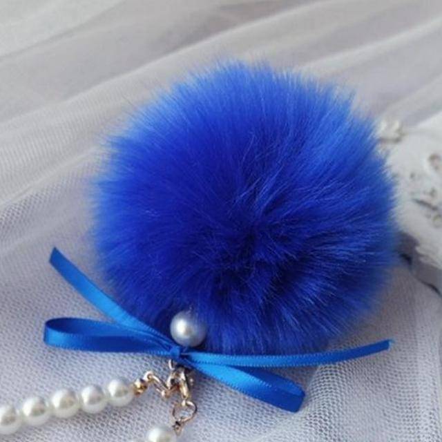 bag accessories Blue Pearls & Pompons Faux Rabbit Fur Ball Keychain