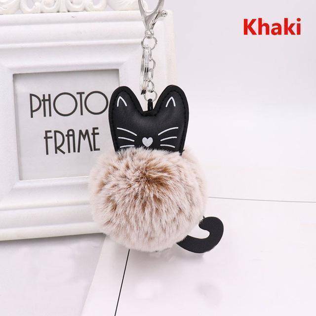 bag accessories khaki Pom pom Cat Fluffy Faux Fur Keychain