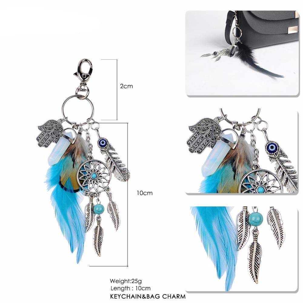 bag accessories Natural opal stone dreamcatcher boho keyring, bag charm Silver