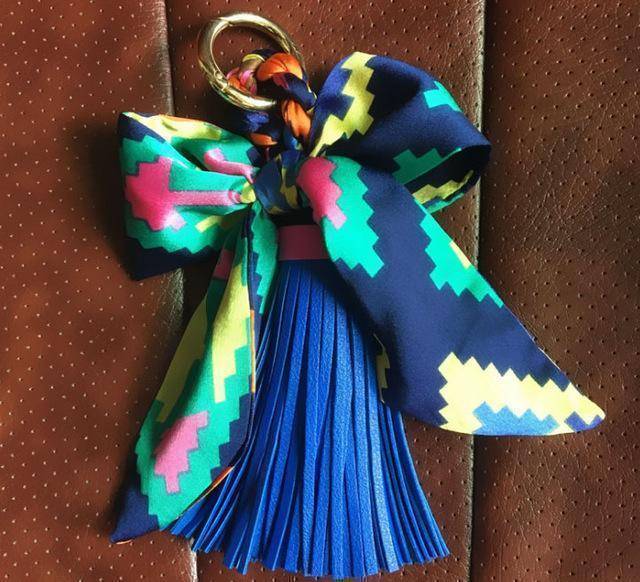 9 colors,  Silk Ribbon Scarves Key holder Bowknot Vegan Leather Tassels Keychains