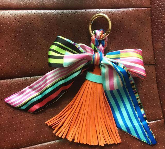 9 colors,  Silk Ribbon Scarves Key holder Bowknot Vegan Leather Tassels Keychains