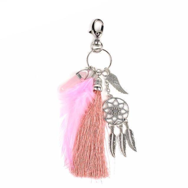 bag accessories Pink Natural opal stone dreamcatcher boho keyring, bag charm Silver
