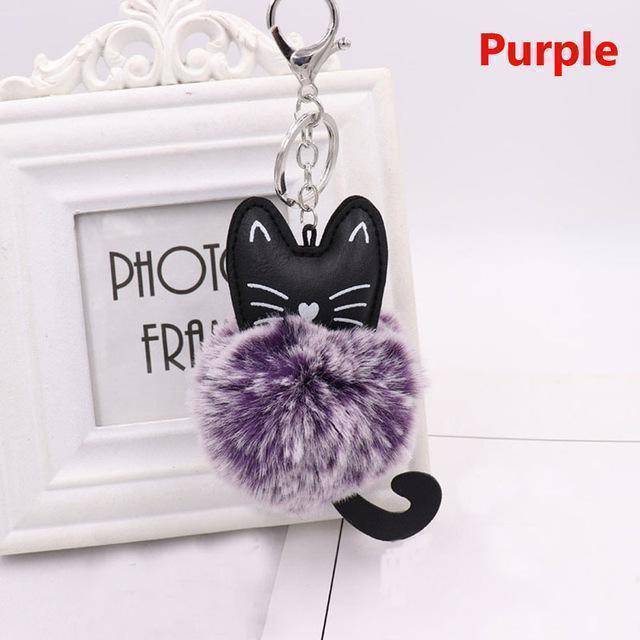 bag accessories purple Pom pom Cat Fluffy Faux Fur Keychain