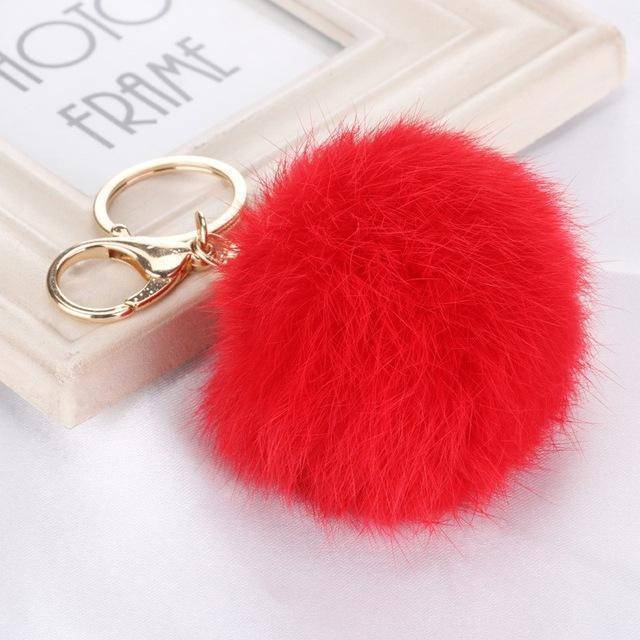 15 colors, 8CM Genuine Leather Rabbit fur ball plush Pom pom key chain Gold