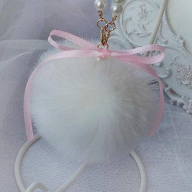 bag accessories White Pearls & Pompons Faux Rabbit Fur Ball Keychain