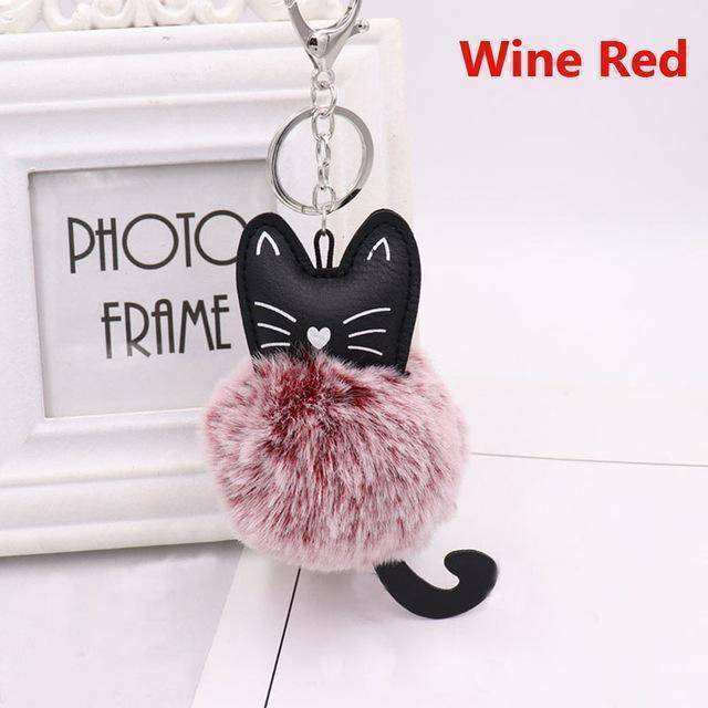 bag accessories wine red Pom pom Cat Fluffy Faux Fur Keychain