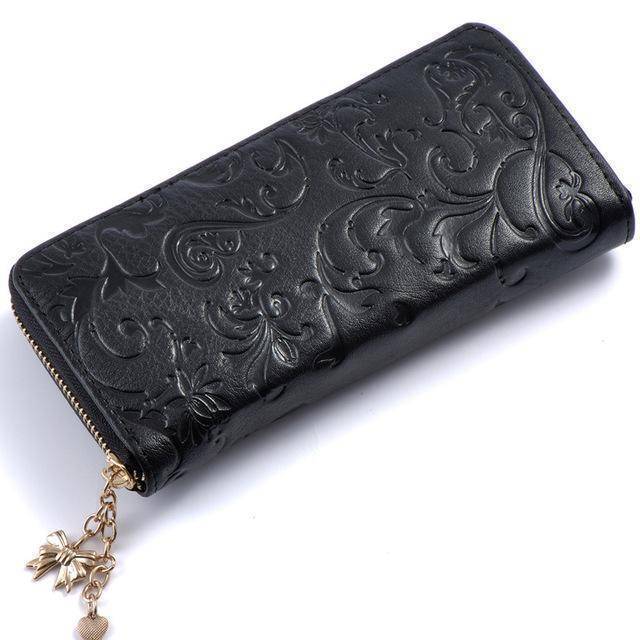 bags Black Genuine Leather Floral long Wallet clutch