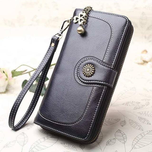 Bags black Wallets for Women Clutch Purses iPhone, Vintage Oil Wax Leather Wallets Long Purse Phone Pouch Zipper