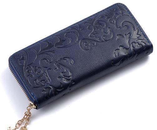 bags Blue Genuine Leather Floral long Wallet clutch
