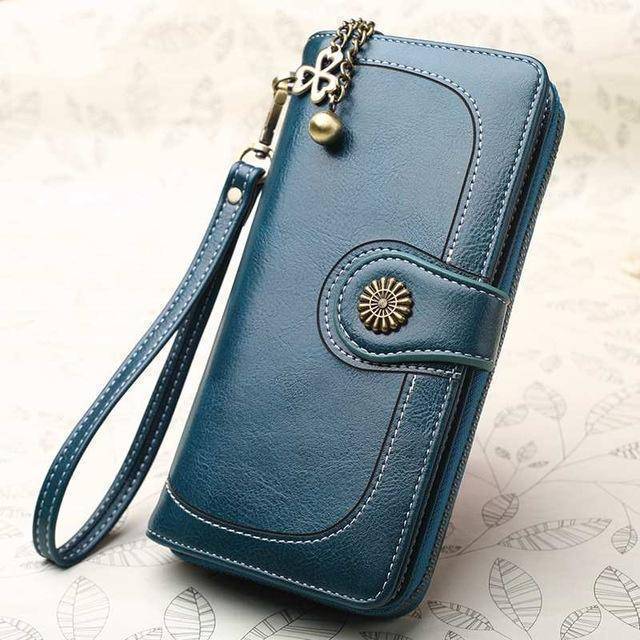 Bags blue Wallets for Women Clutch Purses iPhone, Vintage Oil Wax Leather Wallets Long Purse Phone Pouch Zipper