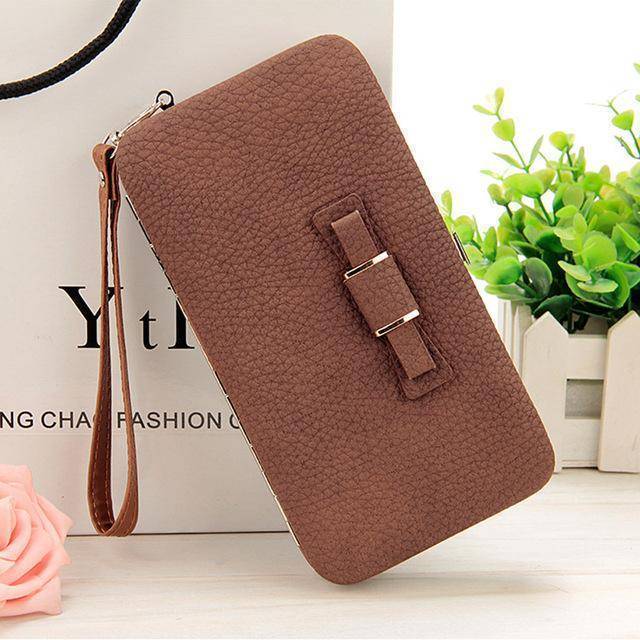 bags Brown Bowknot Simple Long Wallet Clutch, with Phone holder in 10 colors
