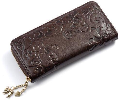 bags Brown Genuine Leather Floral long Wallet clutch