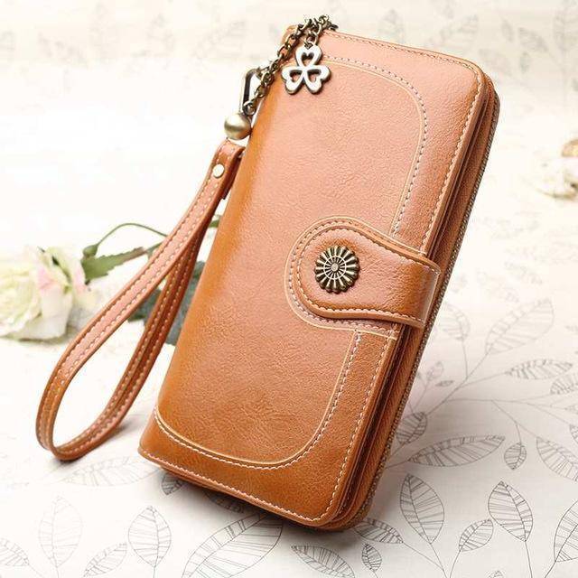 Bags brown Wallets for Women Clutch Purses iPhone, Vintage Oil Wax Leather Wallets Long Purse Phone Pouch Zipper