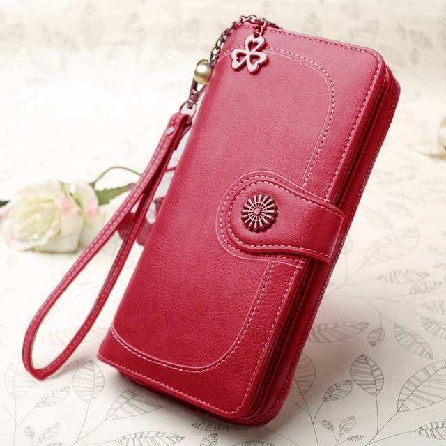 Bags burgundy Wallets for Women Clutch Purses iPhone, Vintage Oil Wax Leather Wallets Long Purse Phone Pouch Zipper