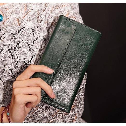 bags Green Genuine Leather Women Wallet Long thin Purse Cowhide multiple Cards Holder Clutch