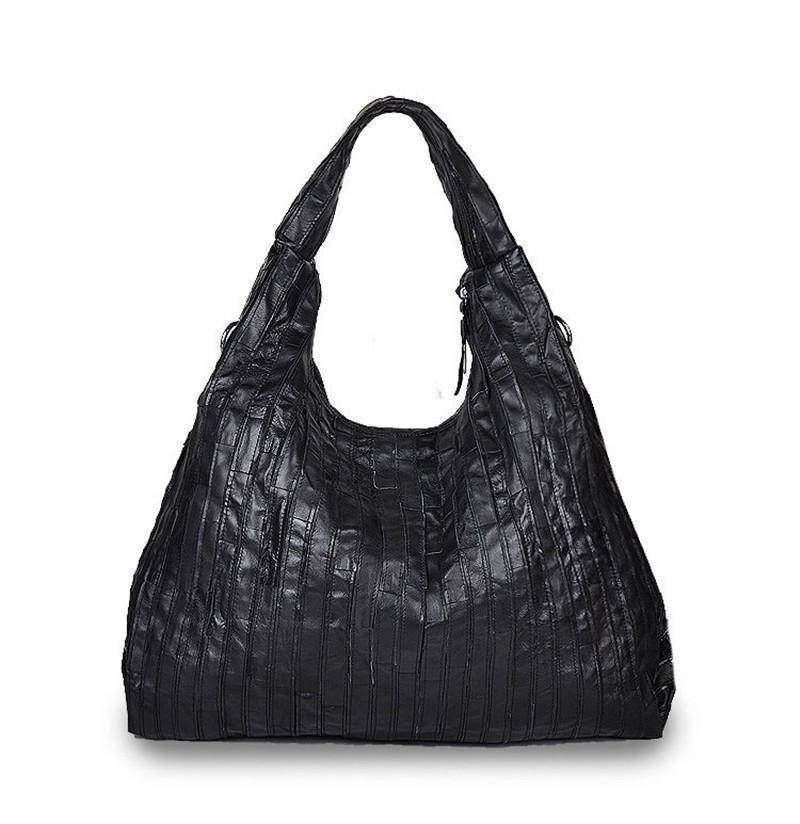 Black Litchi Grain Leather Wide Strap Hobo Bag
