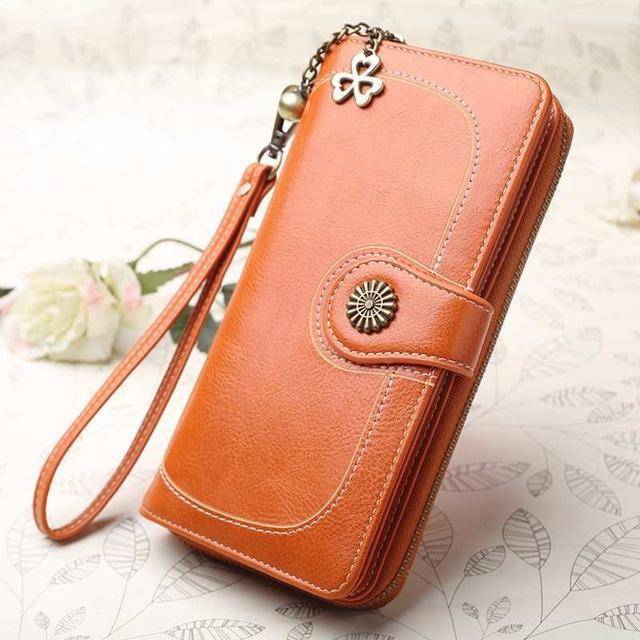 Bags orange Wallets for Women Clutch Purses iPhone, Vintage Oil Wax Leather Wallets Long Purse Phone Pouch Zipper
