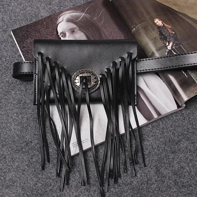 bags Phone holder, Genuine Leather cowhide Vintage long Tassel Waist bag, fringe fanny pack, clutch - black